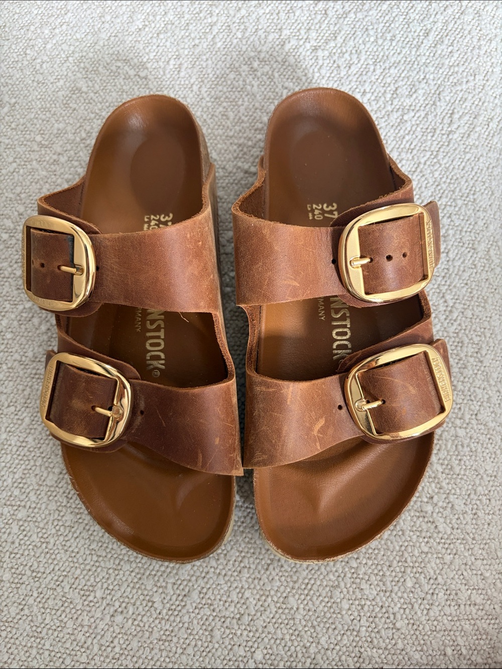 Birkenstock Cognac Brown Two-Buckle Leather Slide Sandals with Gold Buckles